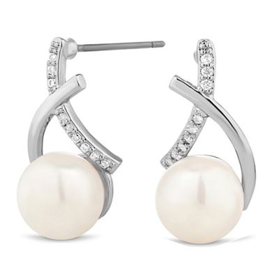 Silver cross pave pearl earring